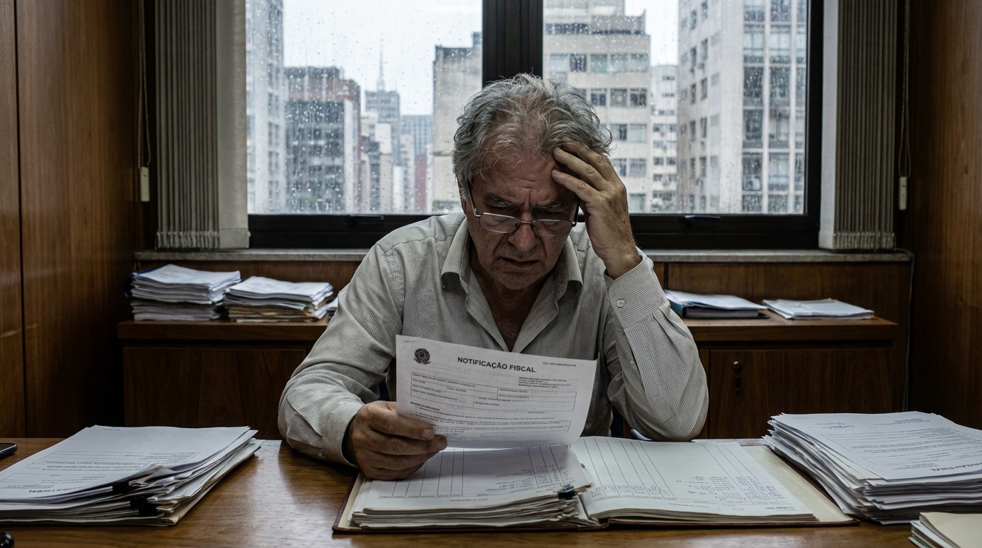 Empresário brasileiro em seu escritório analisando notificação fiscal com expressão de profunda preocupação