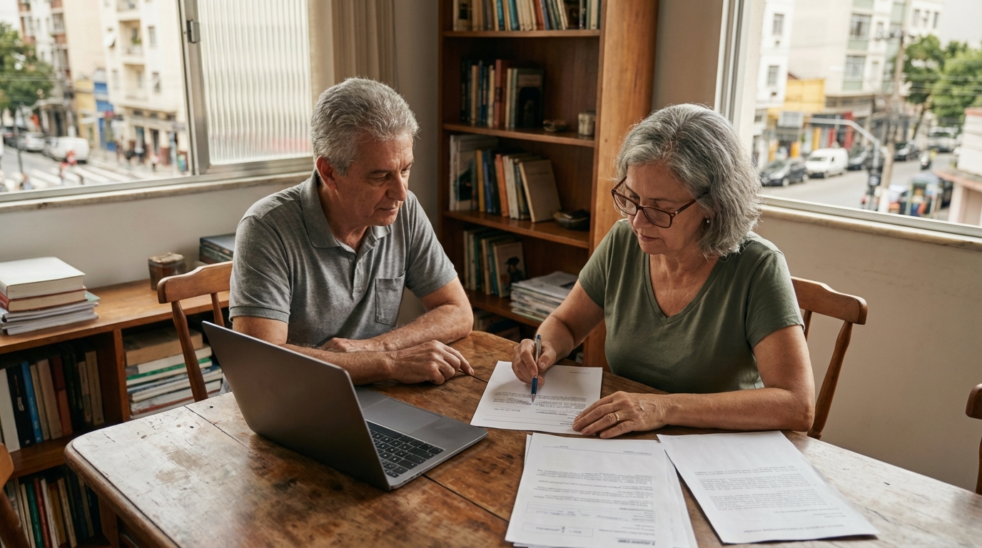 Casal brasileiro mais velho revisando documentos financeiros de sua empresa com tranquilidade e planejamento de longo prazo