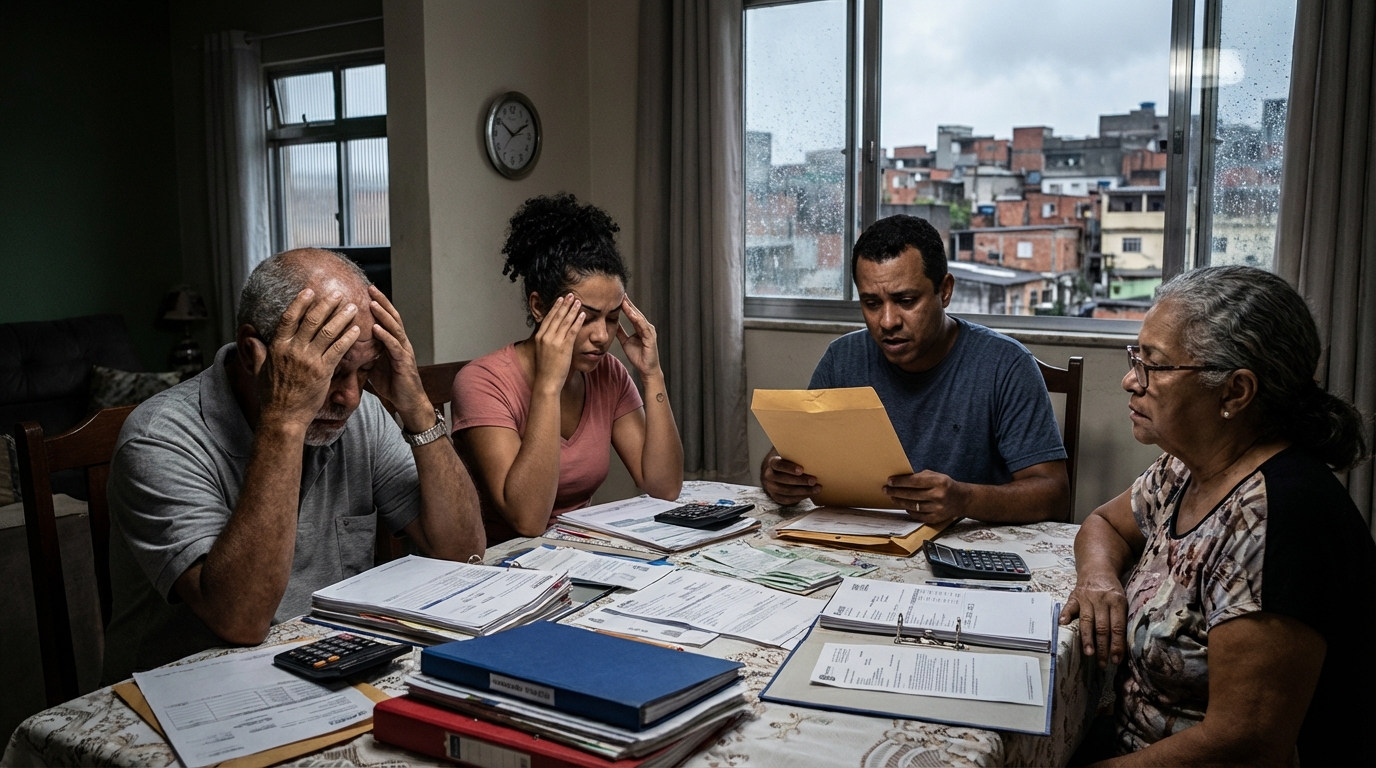 Herdeiros brasileiros estressados segurando pilhas de papéis e contas devido a um processo de inventário longo e caro