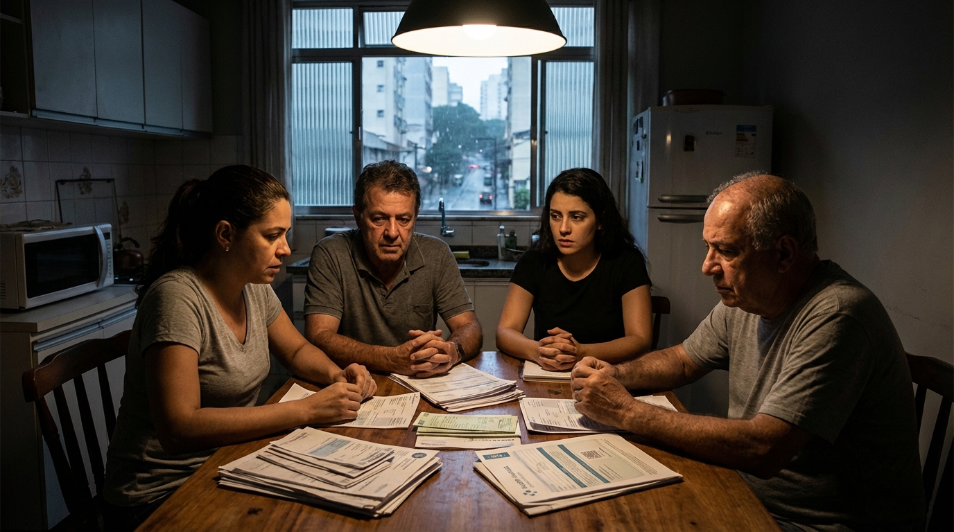 Família brasileira preocupada revisando boletos e documentos financeiros na mesa da cozinha devido a inadimplência convênio médico