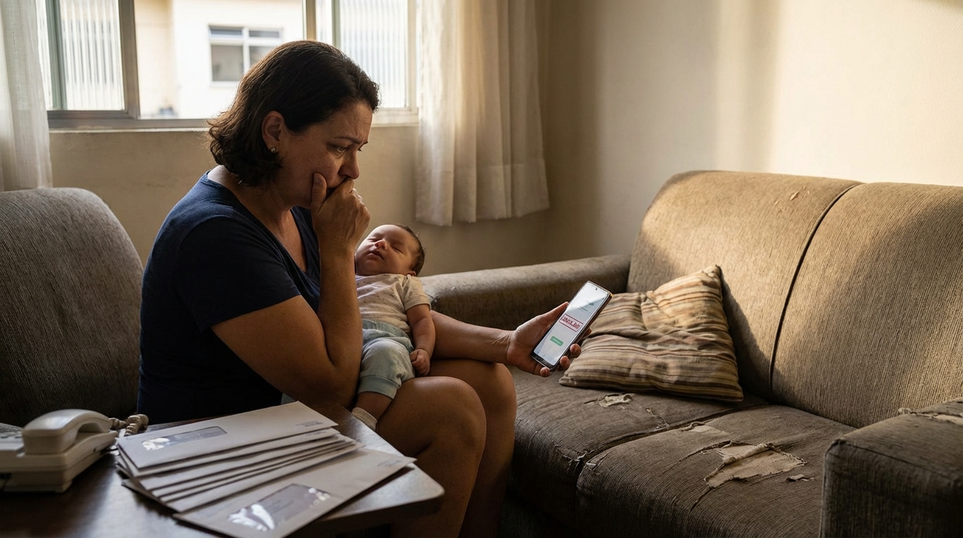 Mãe brasileira angustiada segurando bebê no colo após tentar agendar consulta e descobrir cancelamento plano de saúde