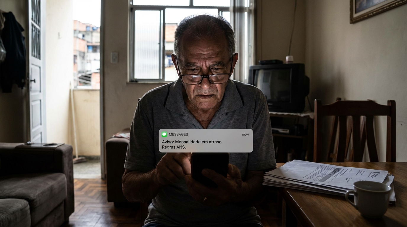 Homem idoso brasileiro olhando preocupado para o celular com notificação de regras ANS atraso pagamento