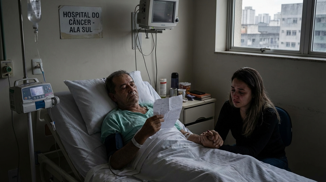 Paciente brasileiro em tratamento oncológico na cama de hospital demonstrando angústia com possível cancelamento plano de saúde