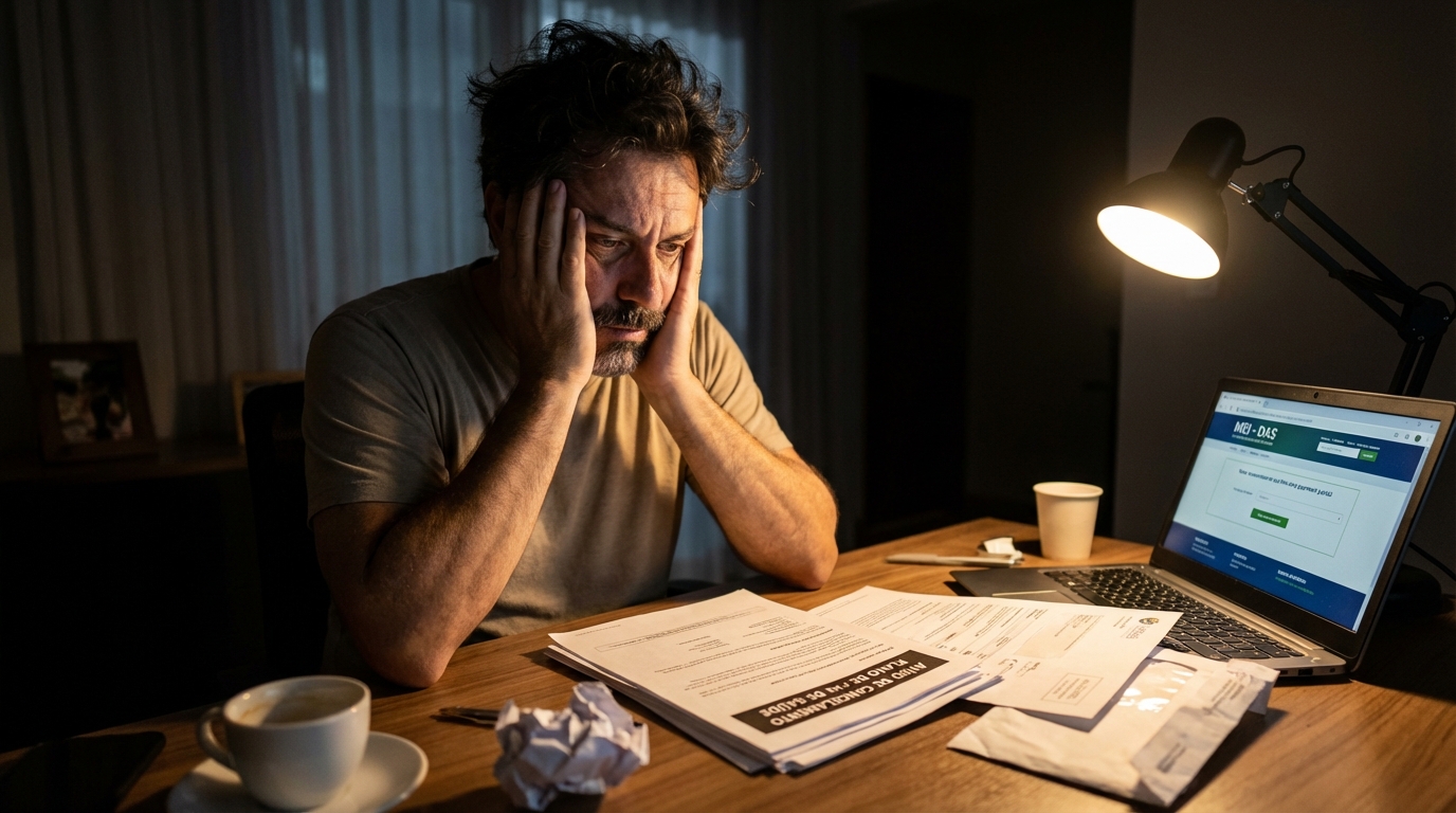 Trabalhador autônomo brasileiro desesperado no escritório analisando faturas atrasadas do MEI e o cancelamento do convênio médico