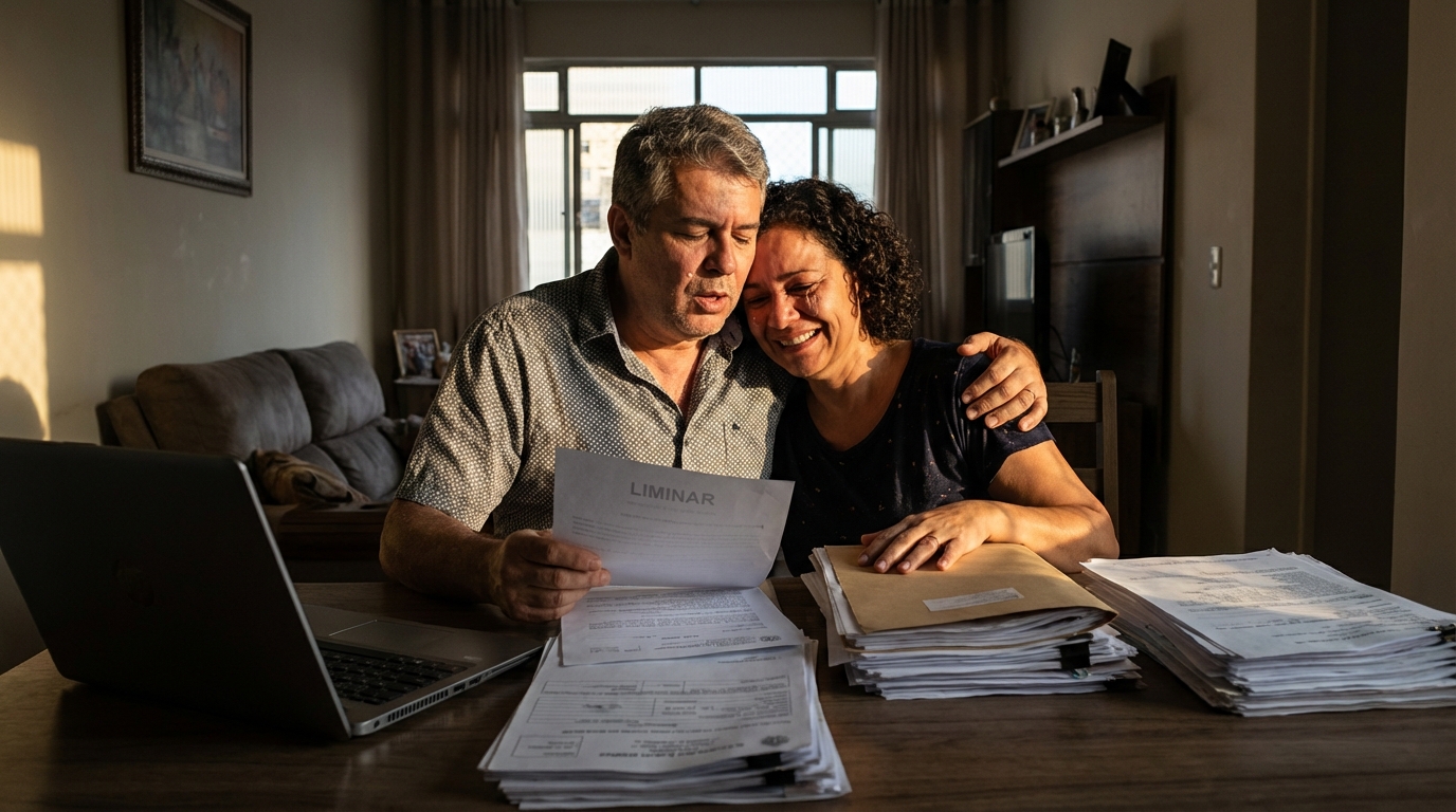 Casal brasileiro aliviado organizando documentos médicos em casa após conseguir liminar judicial para manter o plano de saúde