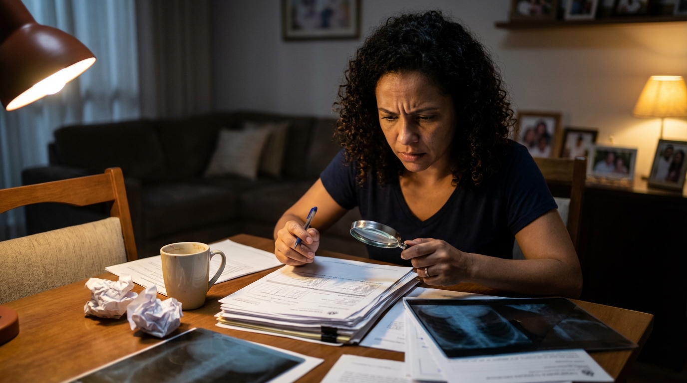 Filha de paciente brasileira analisando preocupada relatórios médicos e exames em casa na mesa de jantar, buscando entender indícios de negligência hospitalar