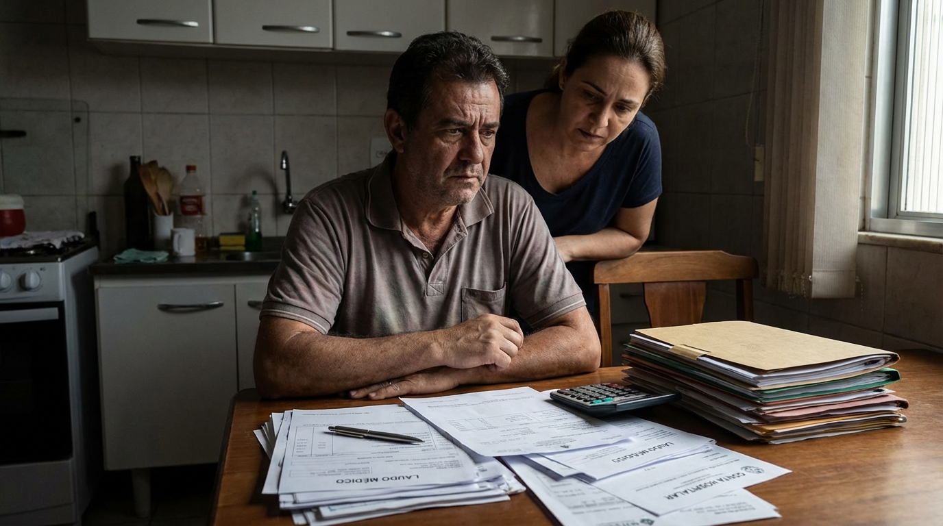 Cidadão brasileiro organizando dezenas de laudos médicos e contas de hospital em uma mesa, calculando o impacto financeiro para pedir indenização por infecção hospitalar