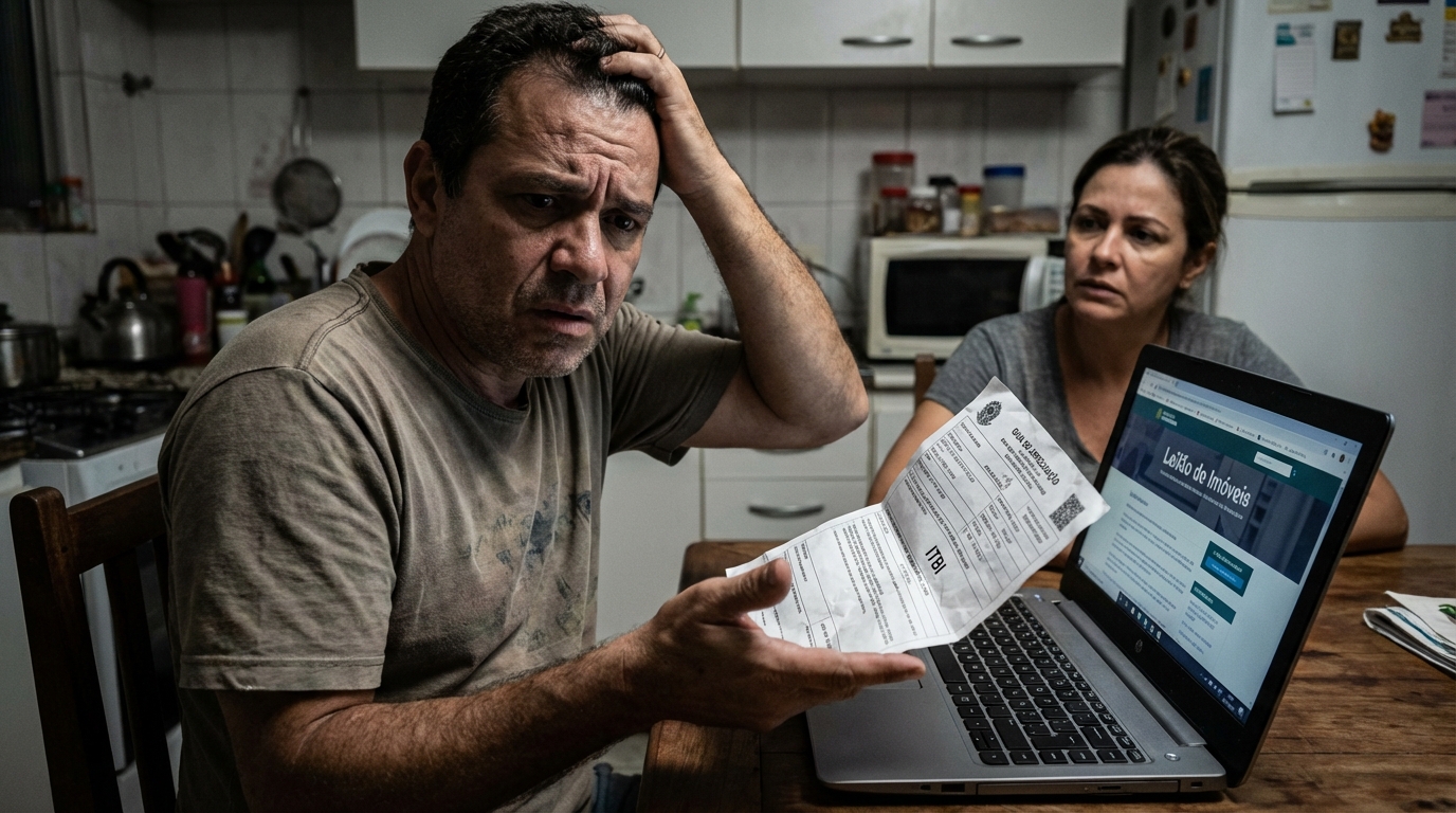 Investidor brasileiro com expressão de confusão analisando a guia de cobrança indevida ITBI em leilão de imóveis
