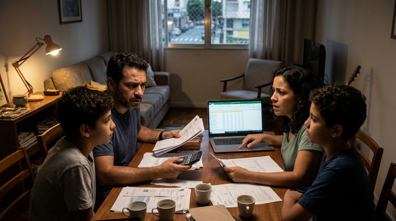 Família brasileira preocupada na sala de estar fazendo contas e planejando fluxo de caixa para pagar imposto leilão de imóveis