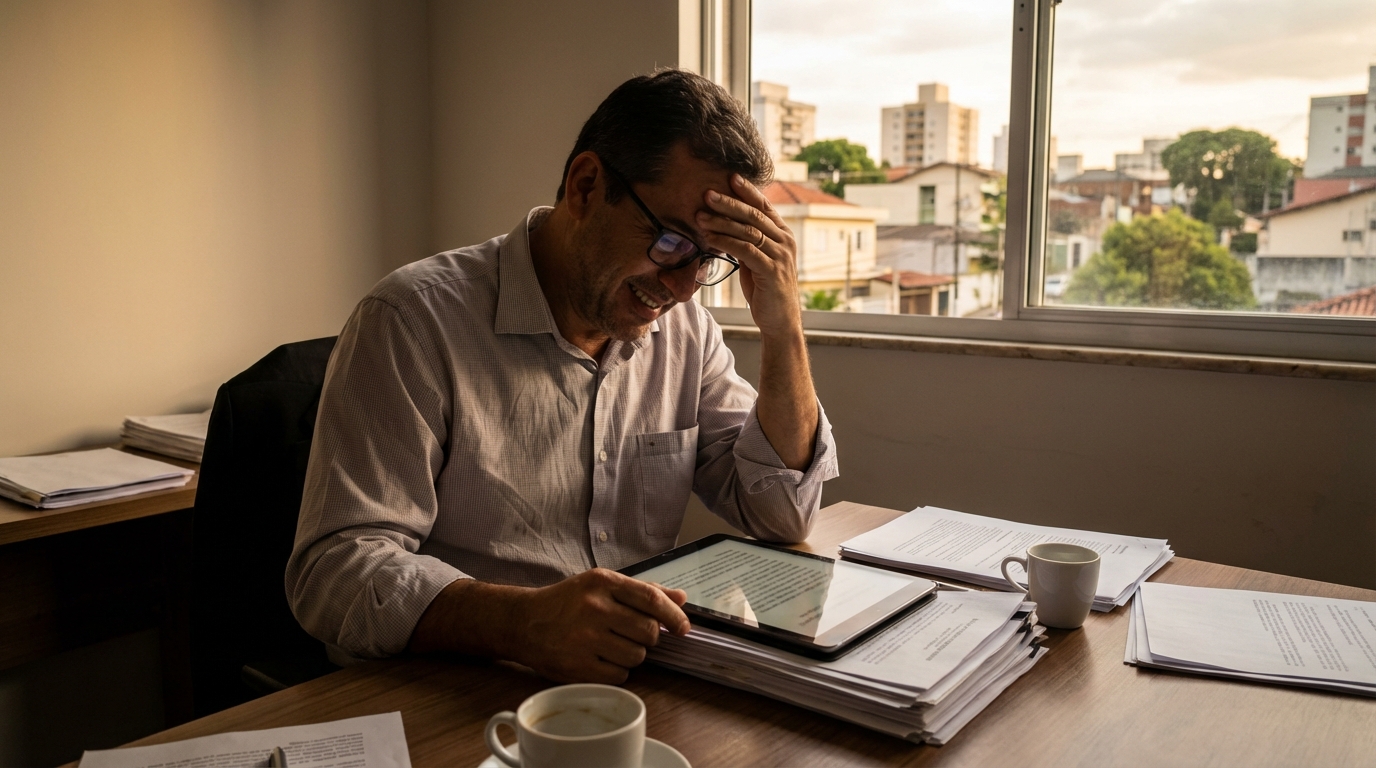 Empresário brasileiro revisando documentos de direito tributário imobiliário com expressão de alívio após descobrir seus direitos