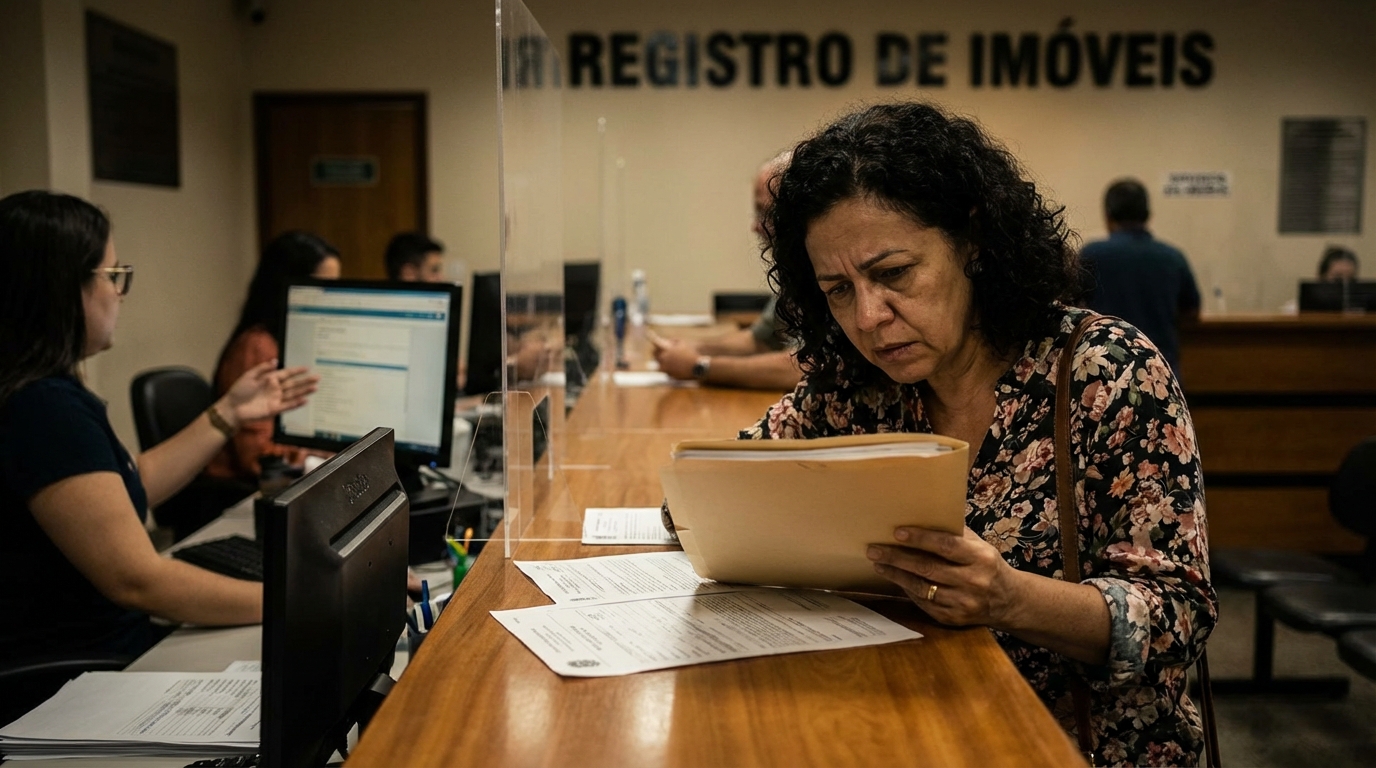 Mulher brasileira segurando pasta de documentos frustrada em frente ao balcão de um cartório devido a antecipação de ITBI