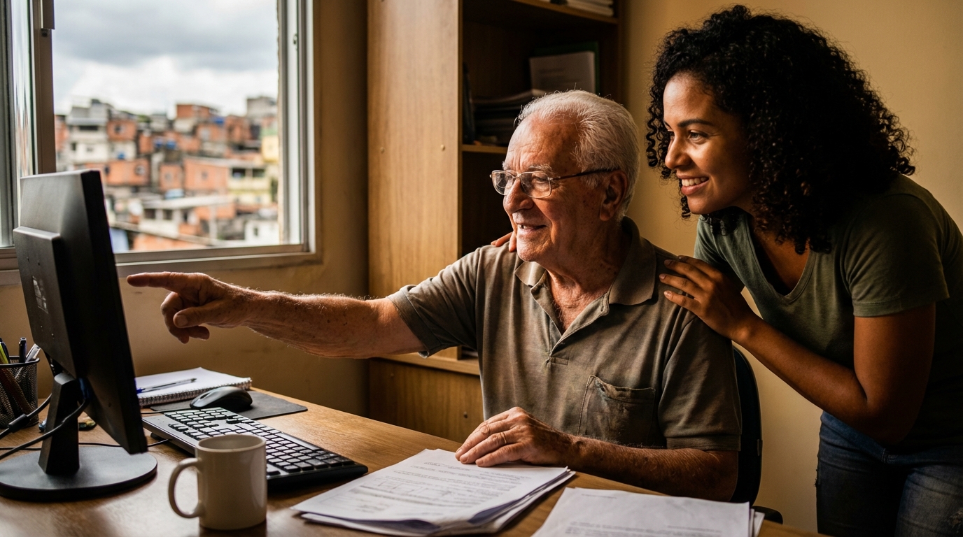 Cidadão brasileiro idoso conversando com familiar apontando para tela de computador aliviado ao entender processo de mandado de segurança para ITBI