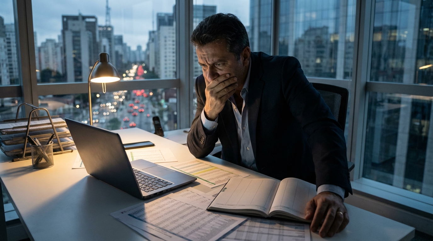 Diretor financeiro brasileiro com expressão tensa analisando planilhas de imposto de exportação em um escritório corporativo