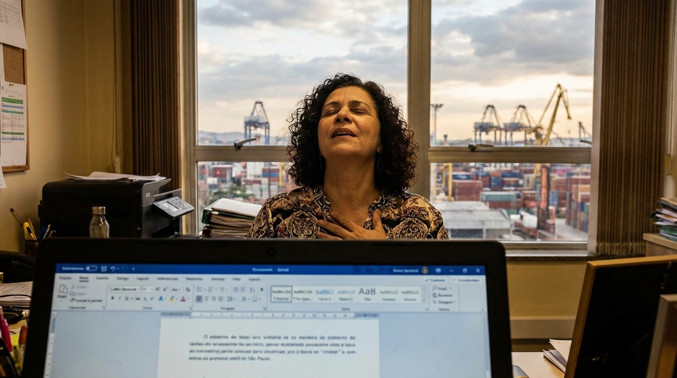 Gestora brasileira em frente ao computador demonstrando alívio após conseguir a suspensão de tributo para sua indústria