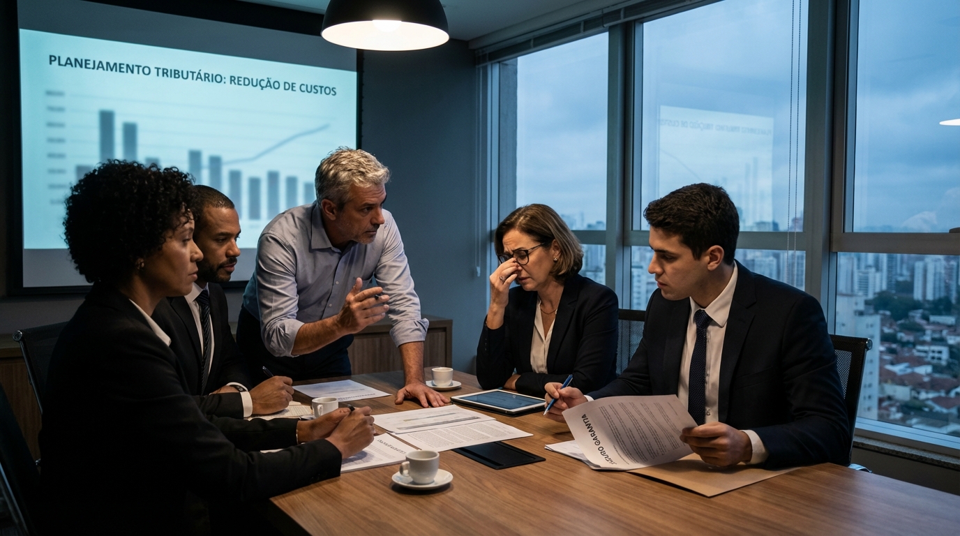 Reunião de diretoria com empresários brasileiros discutindo estratégias de planejamento tributário e redução de custos