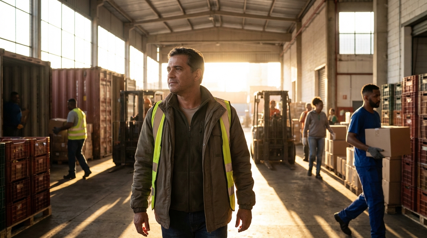 Empresário do setor de logística brasileiro caminhando pelo armazém de exportação observando o fluxo de mercadorias com confiança