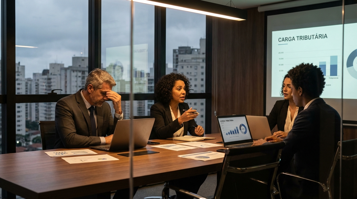 Executivos brasileiros em sala de reunião tensa discutindo impactos da carga fiscal nas exportações