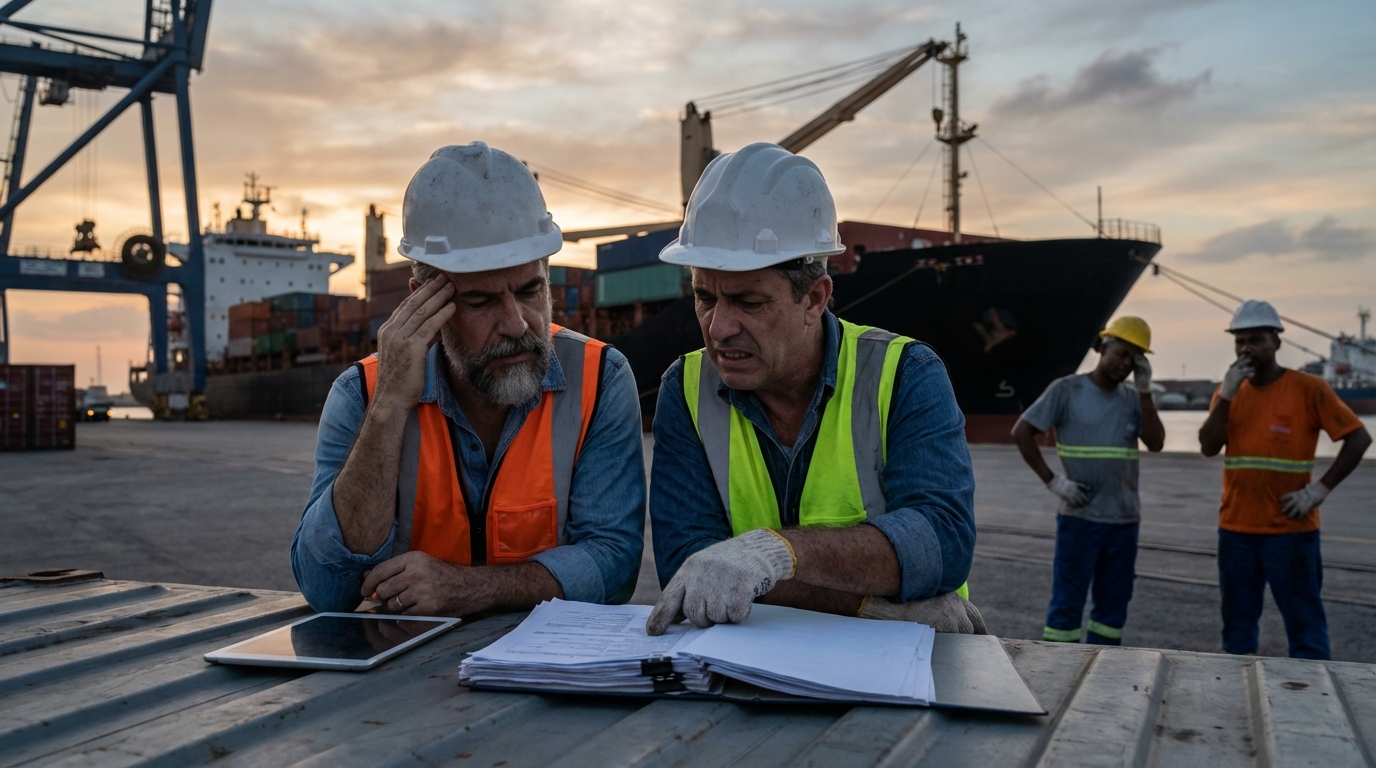 Gestores operacionais no porto brasileiro verificando documentos de embarque frustrados com custos extras de exportação