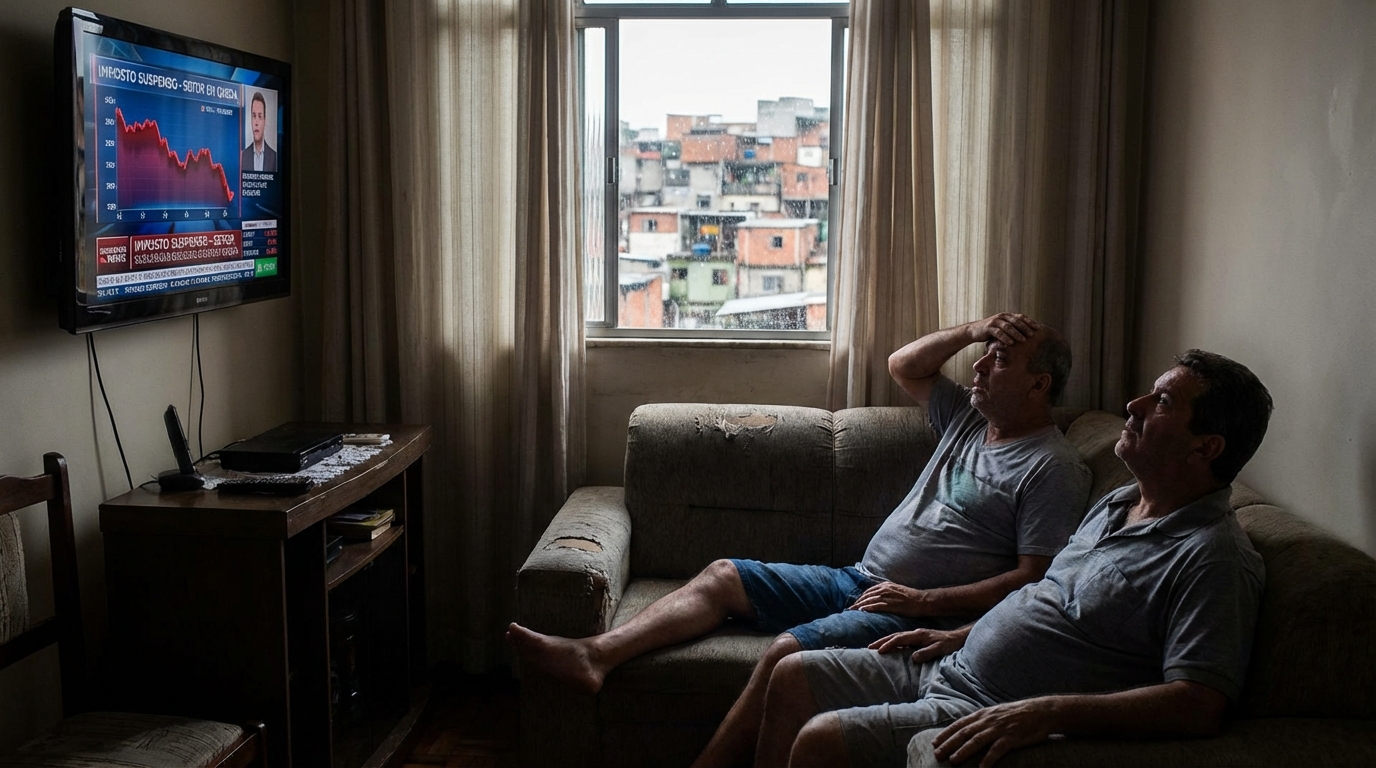 Investidores brasileiros acompanhando notícias econômicas sobre impostos com semblante apreensivo diante dos gráficos de queda