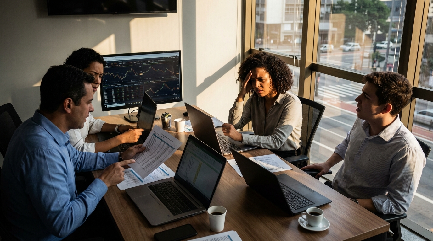 Equipe financeira de empresa brasileira revisando o orçamento corporativo após mudança repentina de impostos com expressões de alerta