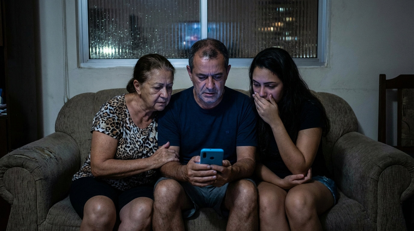 Família brasileira consternada lendo notícias no celular sentada no sofá da sala de estar durante a noite