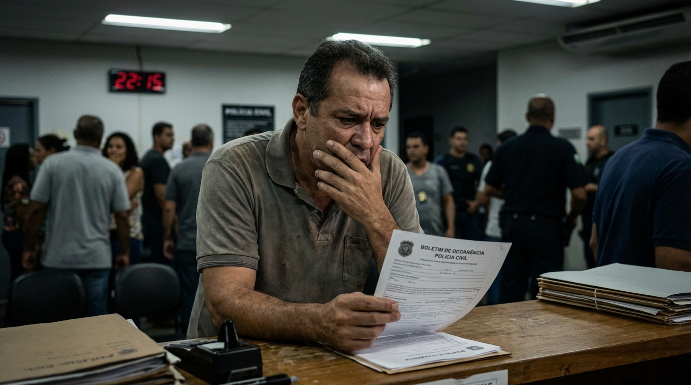 Pai brasileiro preocupado analisando boletim de ocorrência em uma delegacia com expressão de ansiedade