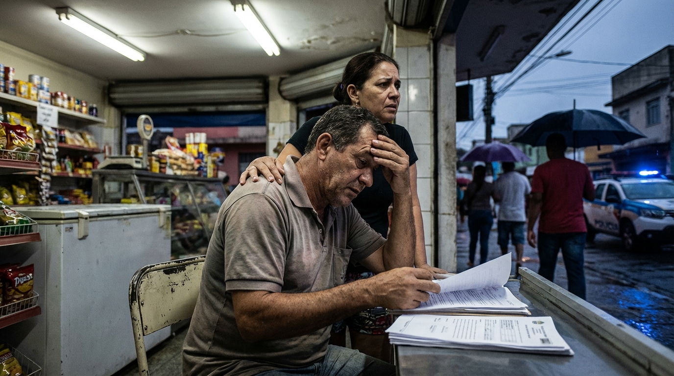 Comerciante brasileiro fechando as portas de seu estabelecimento comercial com forte expressão de apreensão e insegurança