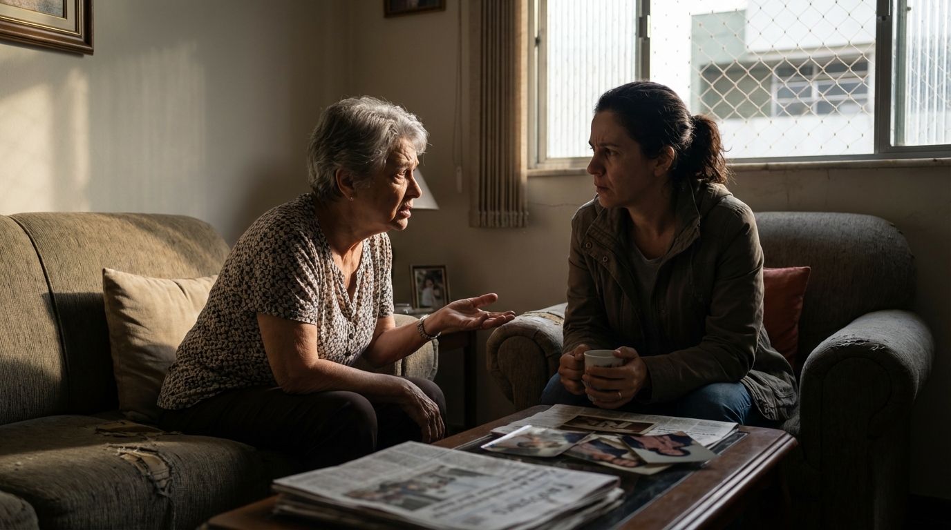 Mulher brasileira idosa conversando seriamente com sua filha na sala de estar sobre a falta de segurança na vizinhança