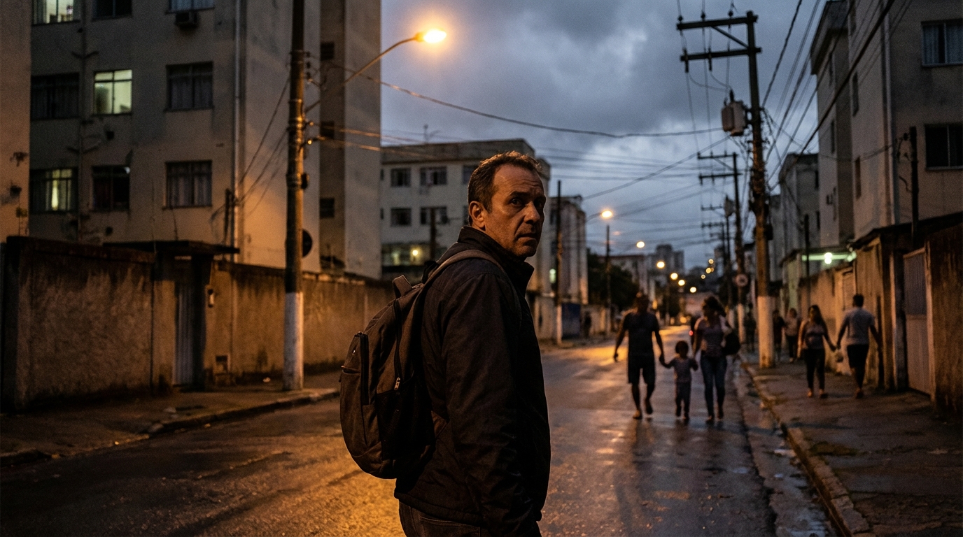Cidadão brasileiro caminhando apreensivo em uma rua residencial mal iluminada olhando por cima do ombro