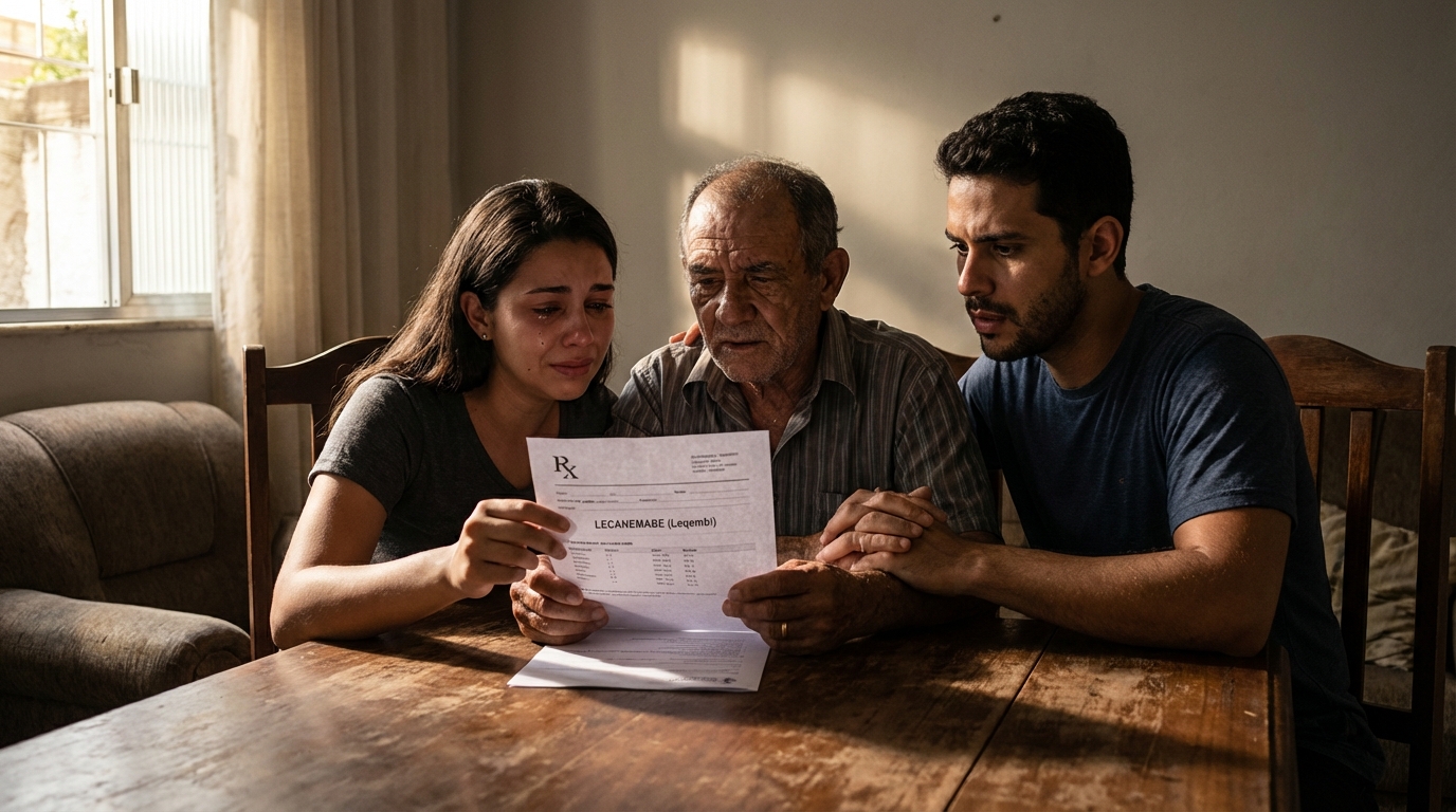 Família brasileira emocionada lendo exames médicos e a prescrição do Lecanemabe para Alzheimer após consulta neurológica