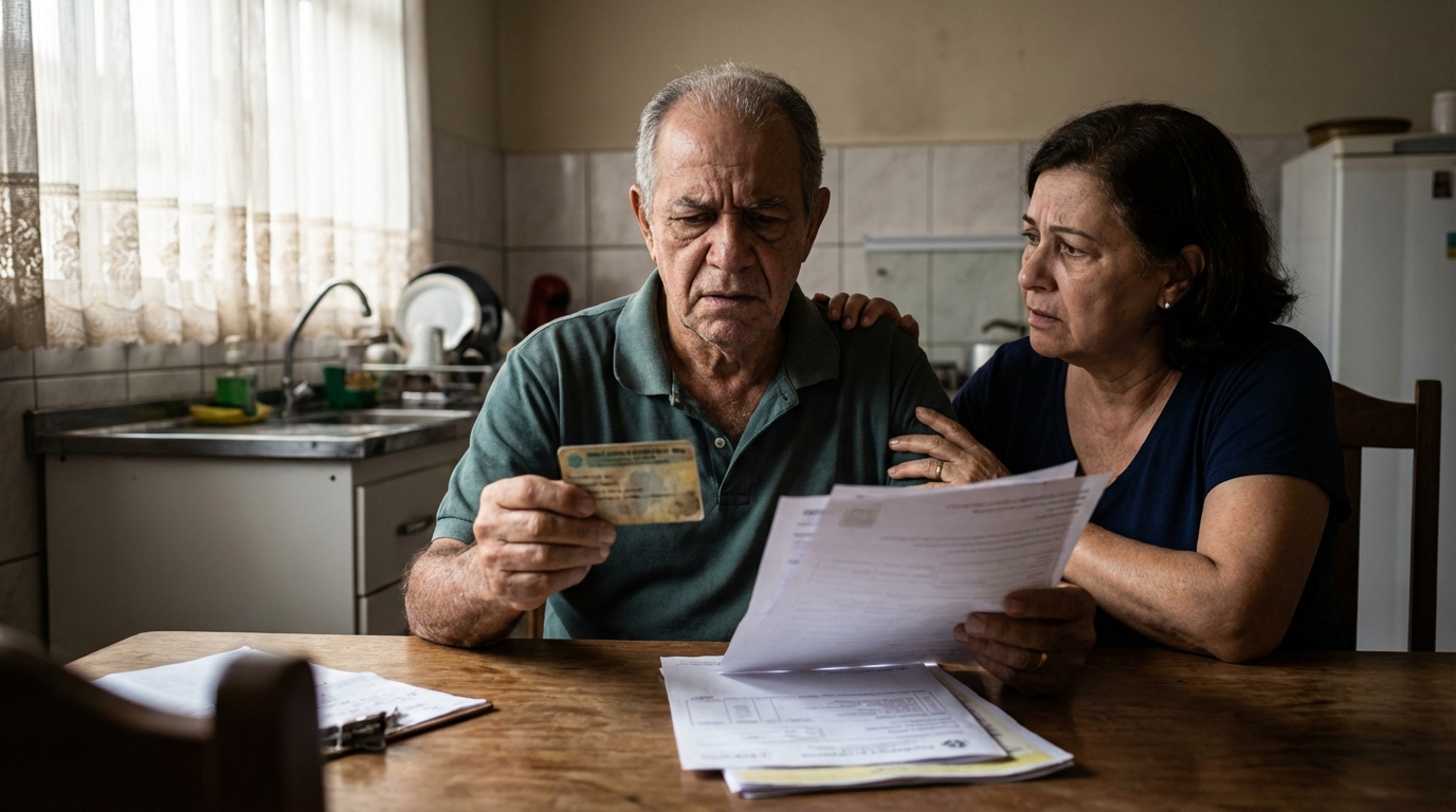Idoso brasileiro preocupado segurando a carteirinha do plano de saúde ao lado de boletos de alto custo