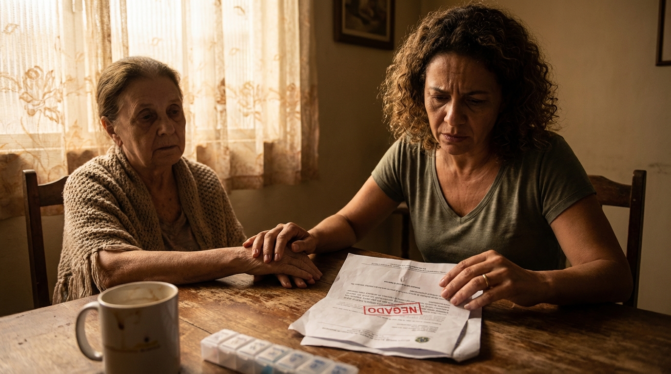 Filha brasileira aflita consolando sua mãe com Alzheimer enquanto olha para uma carta de negativa do plano de saúde