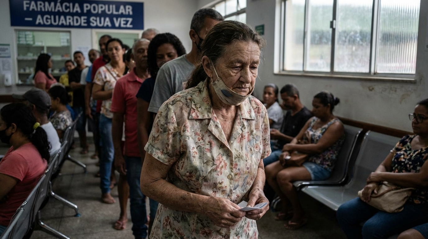 Mulher idosa brasileira em uma fila de farmácia pública com expressão de exaustão e incerteza