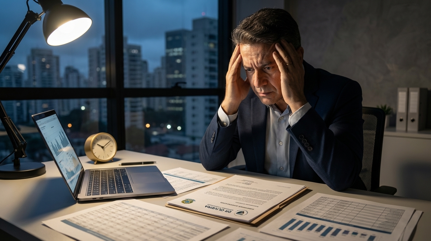 Empresário brasileiro de meia-idade, com expressão de profunda preocupação, analisando documentos financeiros e uma notificação em seu escritório durante a noite - Lei Antifacção