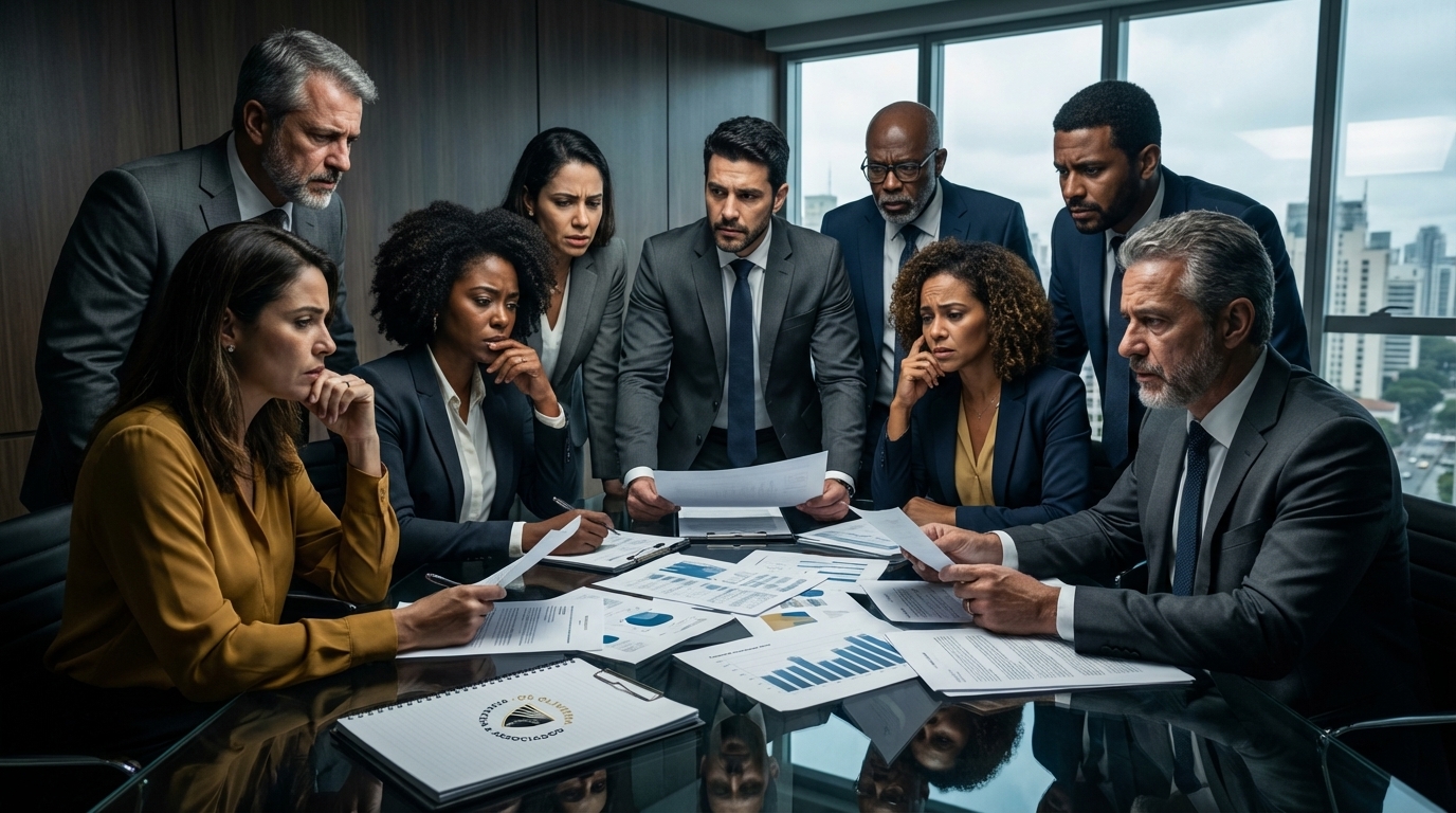 Grupo de executivos brasileiros diversificados em uma sala de reuniões, com expressões tensas e preocupadas enquanto discutem papéis espalhados sobre a mesa de vidro
