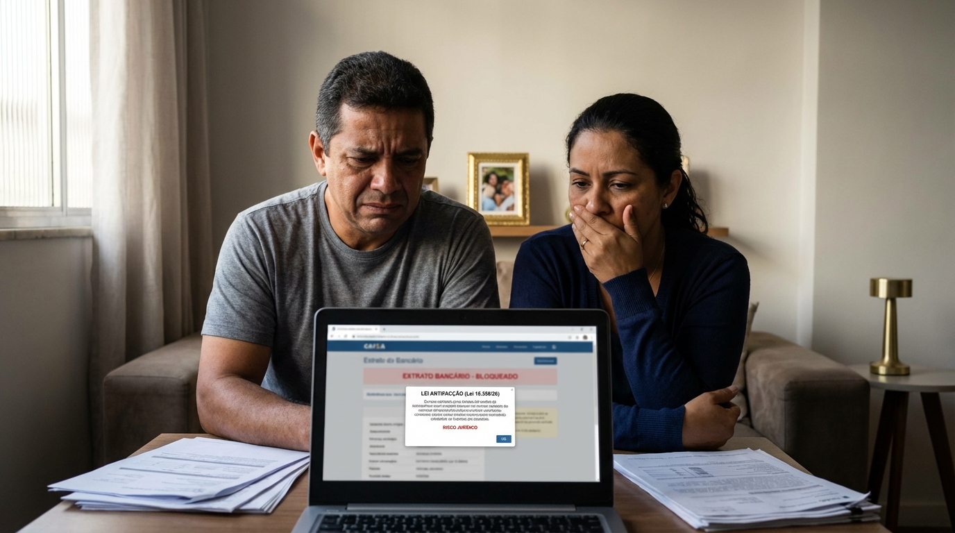 Família brasileira em casa, pai e mãe com feições de angústia e choque, olhando para a tela de um laptop que exibe extratos bancários bloqueados e notificações jurídicas - Lei 15.358/2026