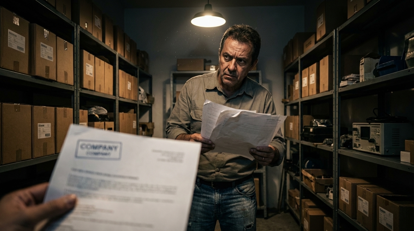 Dono de pequena empresa brasileira, caminhando pelo galpão de estoque de sua fábrica, conferindo papéis com um olhar de desconfiança e apreensão diante da insegurança legal