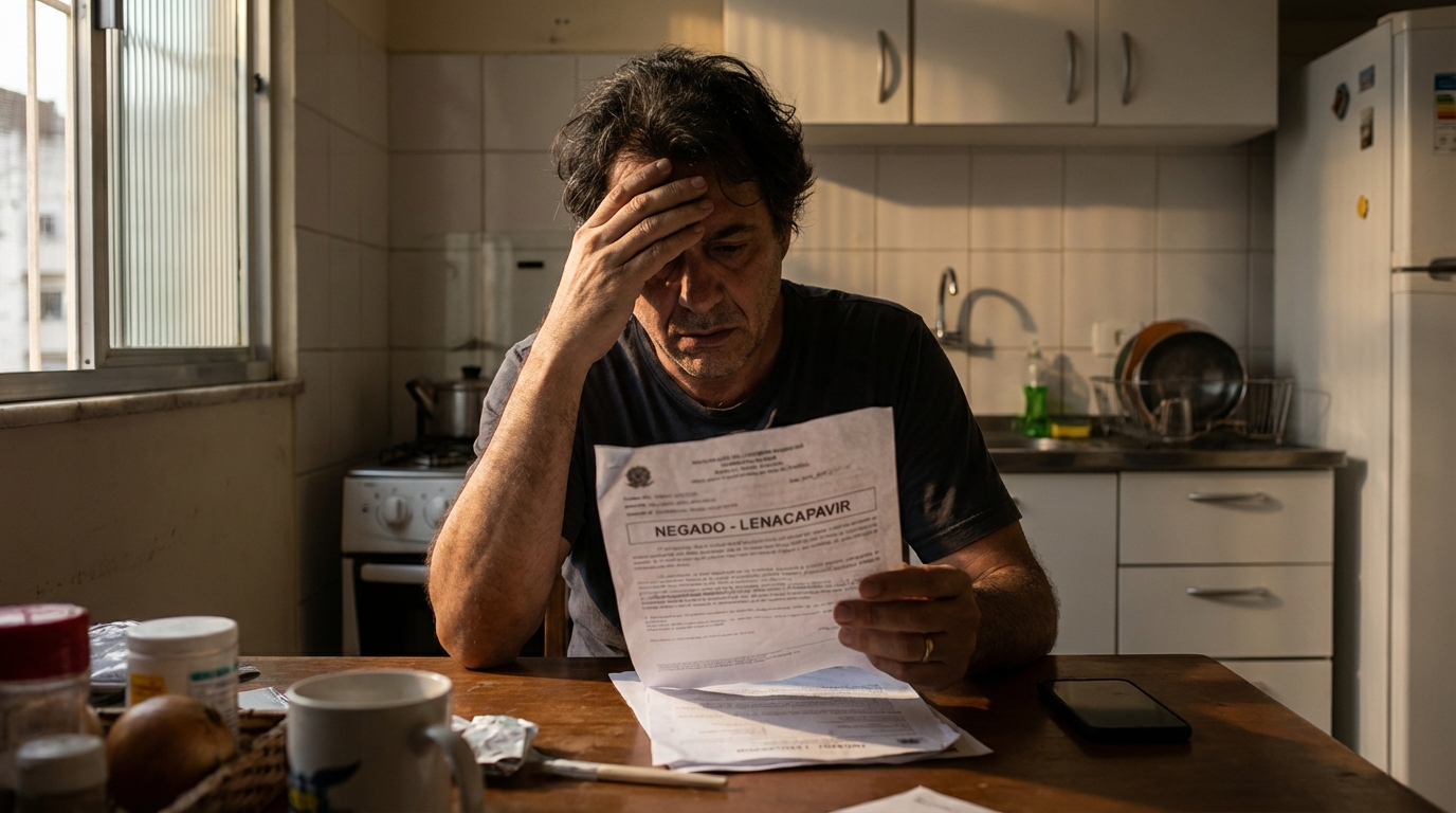 Paciente brasileiro com expressão de angústia segurando laudo médico sobre tratamento de HIV e negativa do plano de saúde Lenacapavir negado
