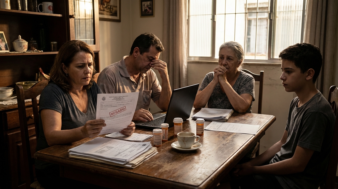Família brasileira preocupada revisando documentos médicos após negativa de cobertura ANS para medicamento de alto custo na sala de jantar