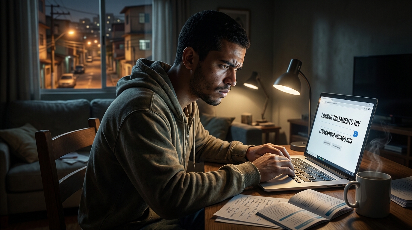 Jovem brasileiro em casa pesquisando no computador sobre liminar tratamento HIV com expressão de determinação para garantir seus direitos