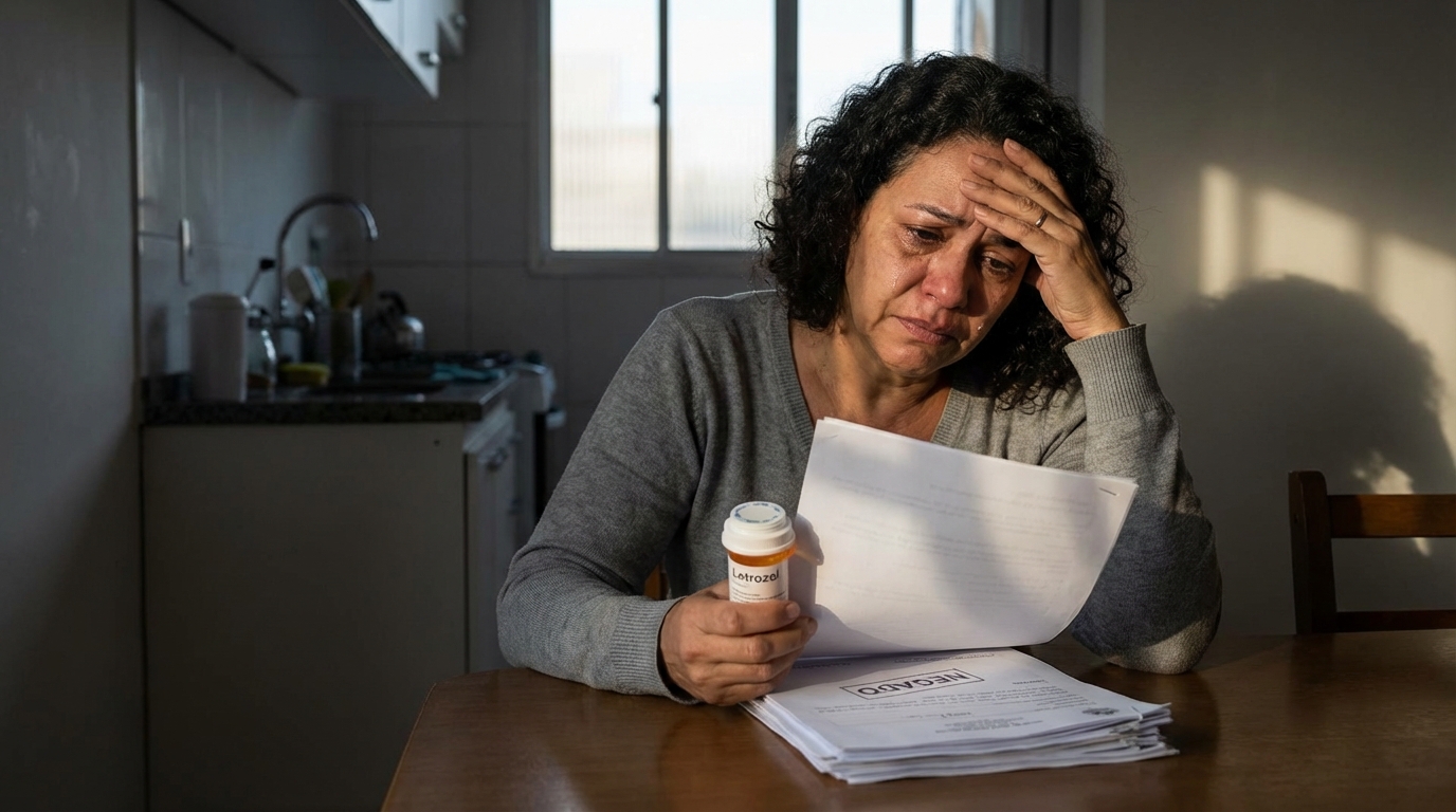 Mulher brasileira diagnosticada com câncer de mama segurando exames médicos com expressão apreensiva sobre a negativa de medicamento câncer