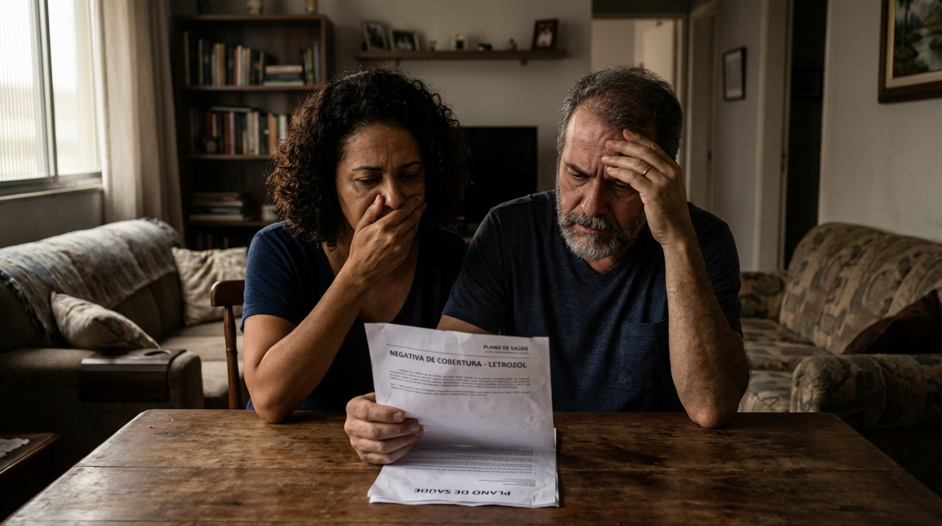 Casal brasileiro frustrado na sala de estar lendo uma carta de recusa de letrozol plano de saúde