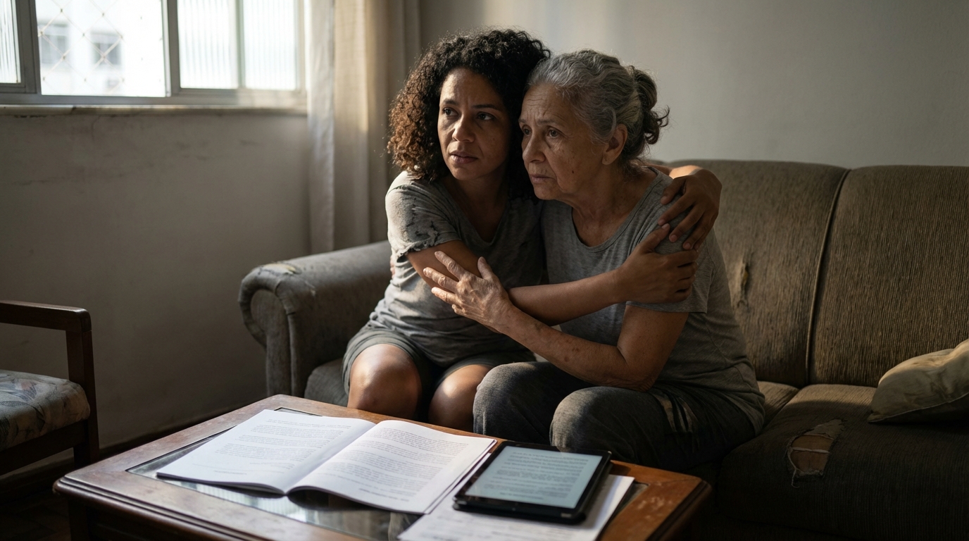 Filha abraçando a mãe idosa em casa após lerem juntas sobre a proteção legal contra negativas de saúde