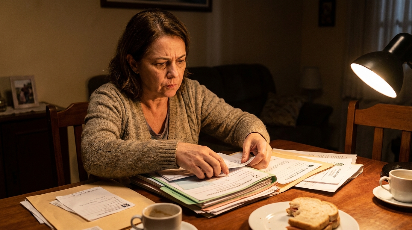 Mulher focada organizando pastas de documentos médicos e laudos na mesa de casa para pedir liminar contra plano de saúde