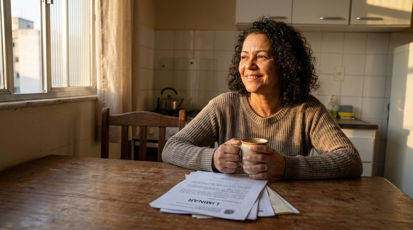 Mulher brasileira sorrindo aliviada tomando café na cozinha, segura de seus direitos na saúde após vitória judicial