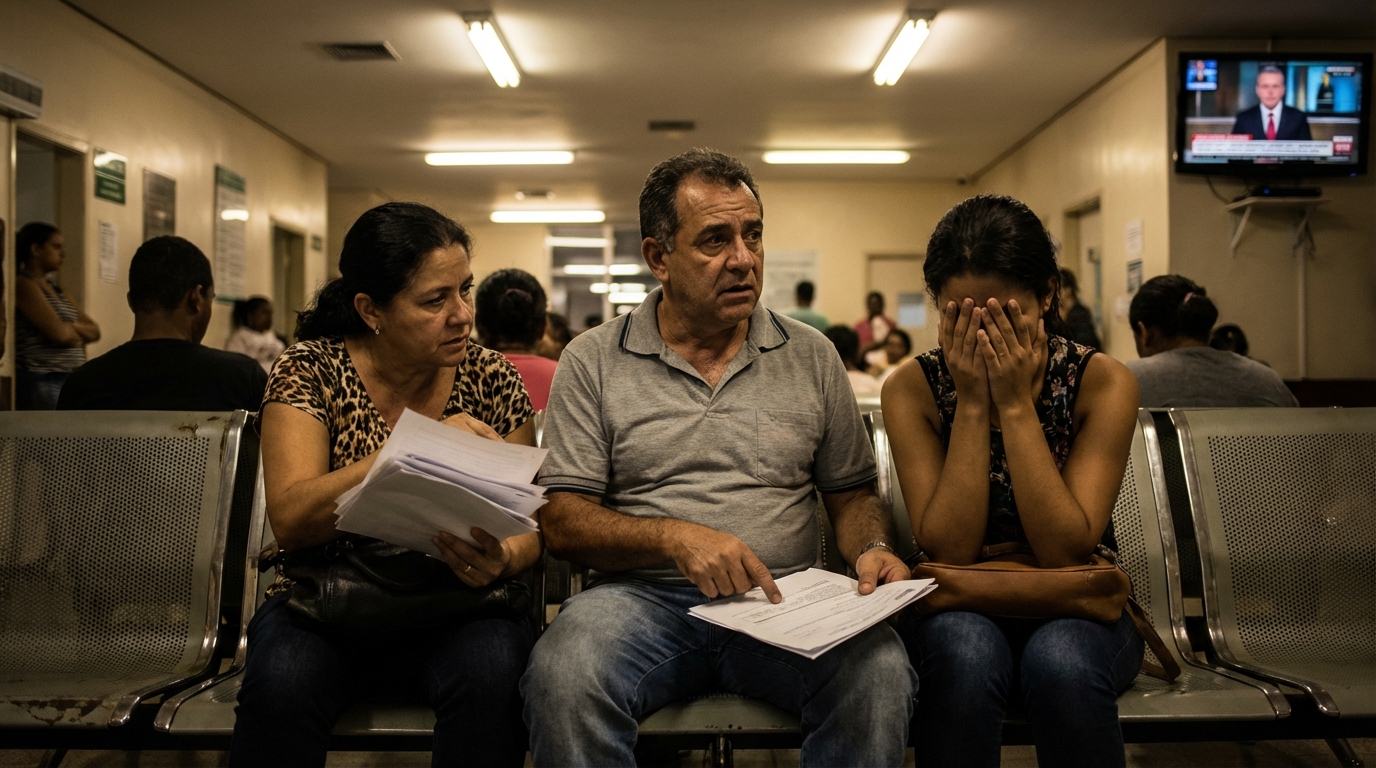 Família brasileira preocupada revisando documentos médicos após negativa de cobertura do plano de saúde em sala de espera de hospital