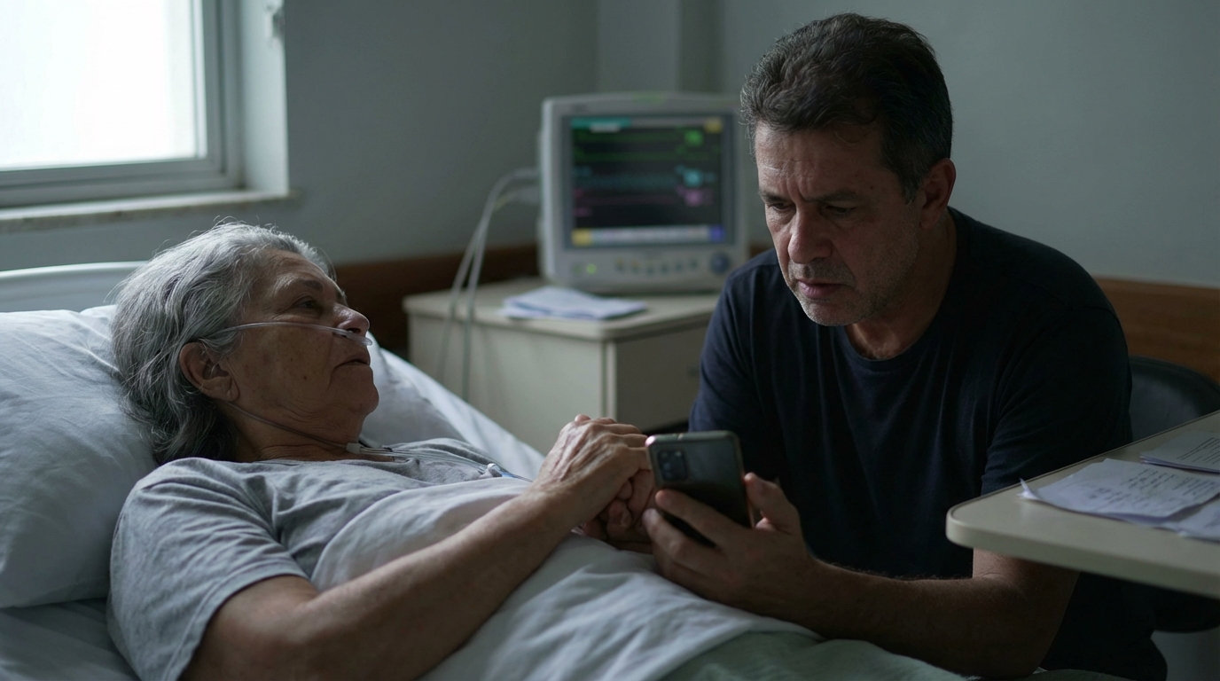 Mulher brasileira idosa em leito de hospital com familiar apreensivo buscando liminar plano de saúde para cirurgia de emergência