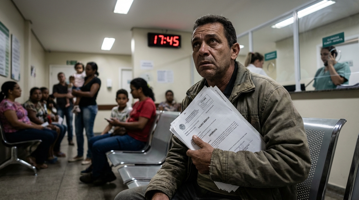 Pai brasileiro aflito segurando laudos médicos do filho precisando de prazo atendimento plano de saúde rápido em clínica médica