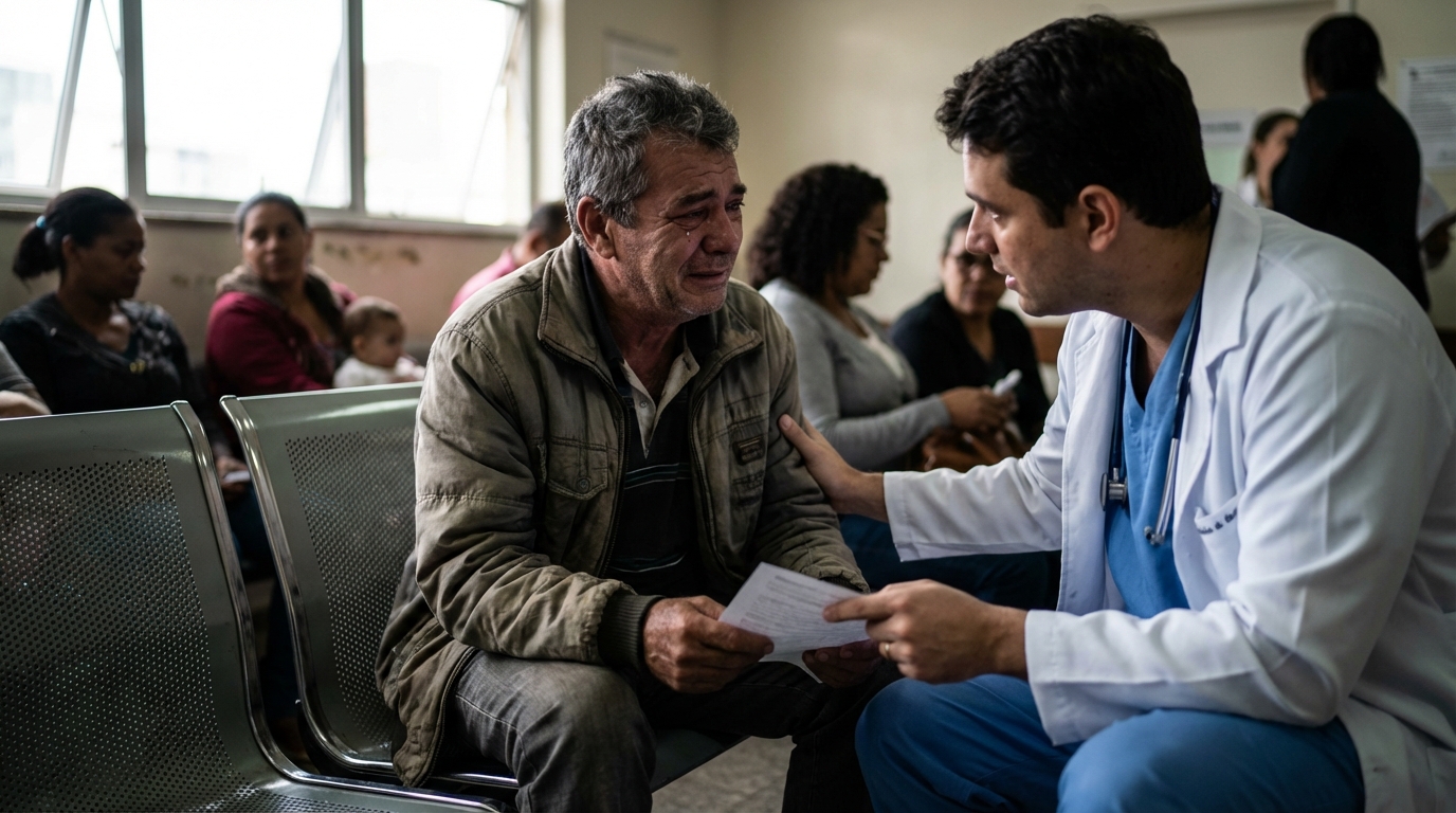 Cidadão brasileiro aliviado conversando com médico após conseguir liberação de tratamento de alto custo através de advogado direito da saúde