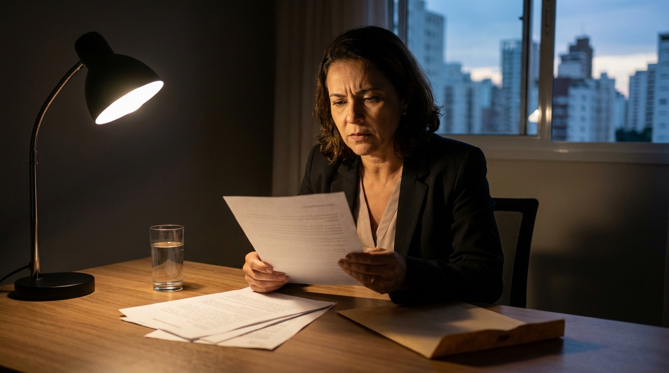 Mulher brasileira empresária lendo notificação judicial com expressão determinada buscando reverter negativa de cobertura ANS